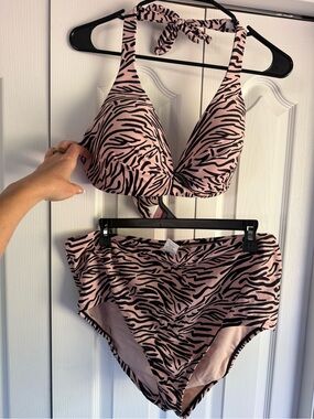 High-Waist Light Pink/Tan Zebra Print Halter Bikini